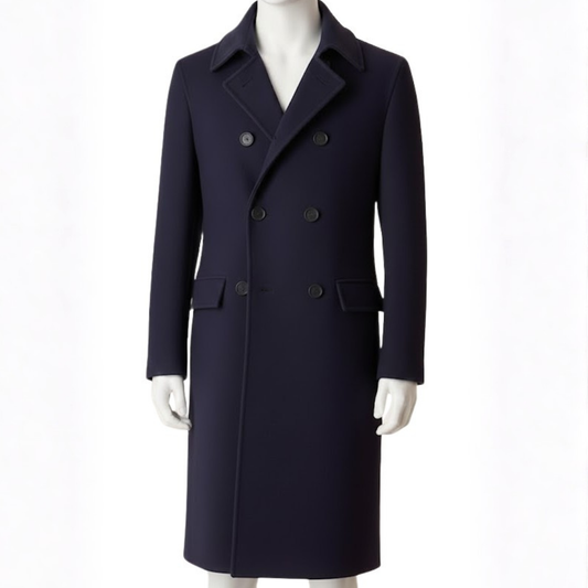 Men’s black wool blend long winter overcoat front view, tailored formal coat for business, office, and evening wear.