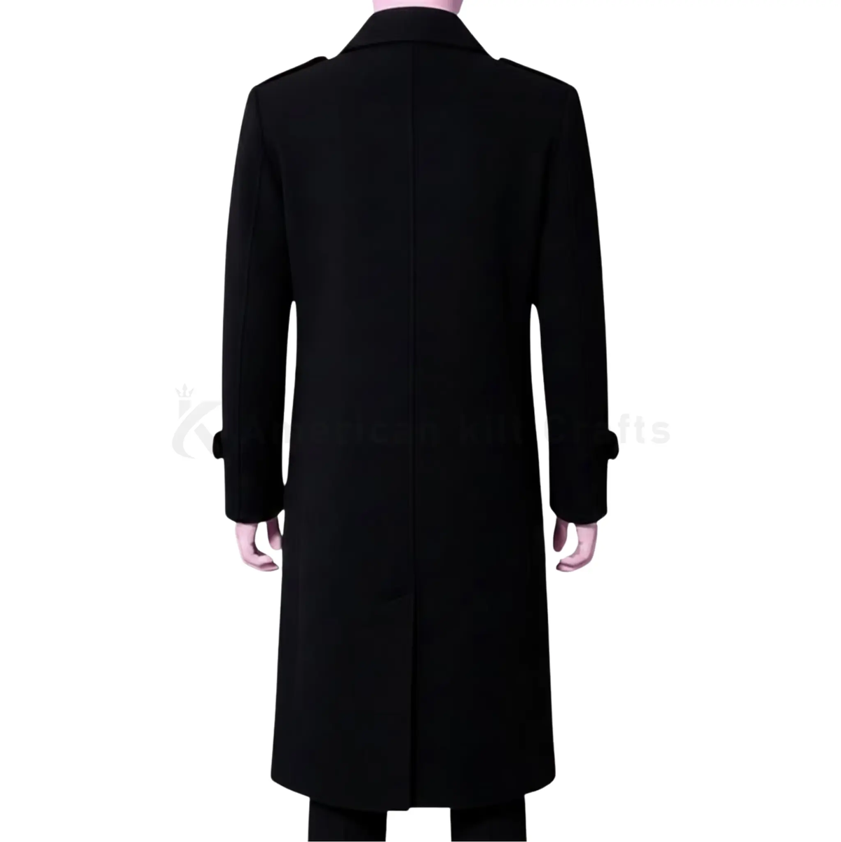 Back view of a men’s black wool blend military overcoat showing the clean tailored back, structured shoulders and classic full-length military coat silhouette.