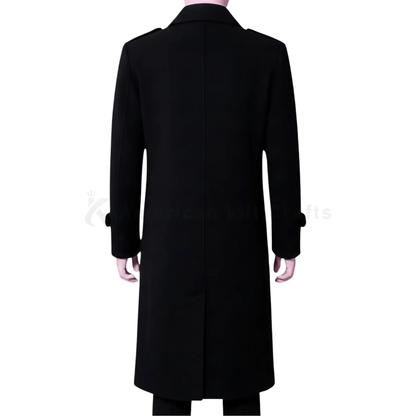 Back view of a men’s black wool blend military overcoat showing the clean tailored back, structured shoulders and classic full-length military coat silhouette.