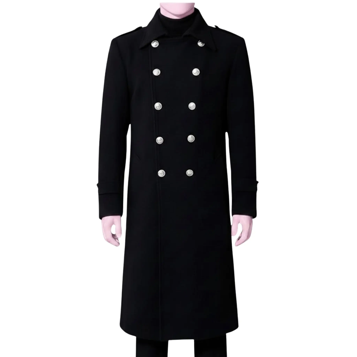 Front view of a men’s black wool blend military overcoat featuring a double-breasted button closure, structured collar and classic long trench coat design.