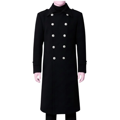 Front view of a men’s black wool blend military overcoat featuring a double-breasted button closure, structured collar and classic long trench coat design.