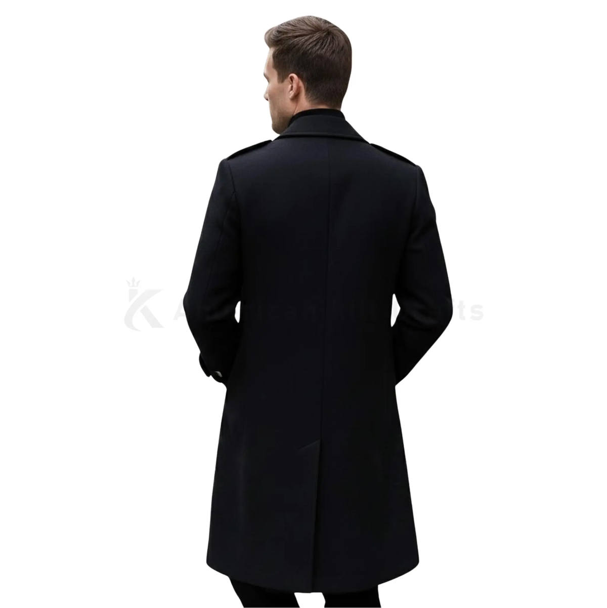 Back view of a male model wearing a men’s black wool blend military overcoat, showing the structured shoulders, tailored back and long military-inspired silhouette.