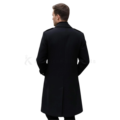 Back view of a male model wearing a men’s black wool blend military overcoat, showing the structured shoulders, tailored back and long military-inspired silhouette.