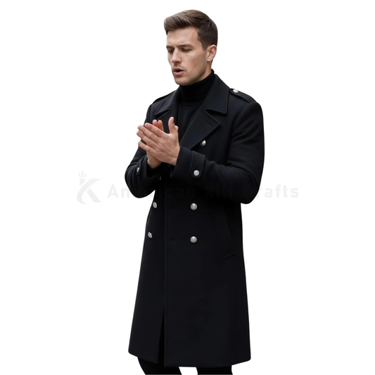 Male model wearing a men’s black wool blend military overcoat in front view, featuring a double-breasted closure, structured tailoring and long trench coat silhouette.