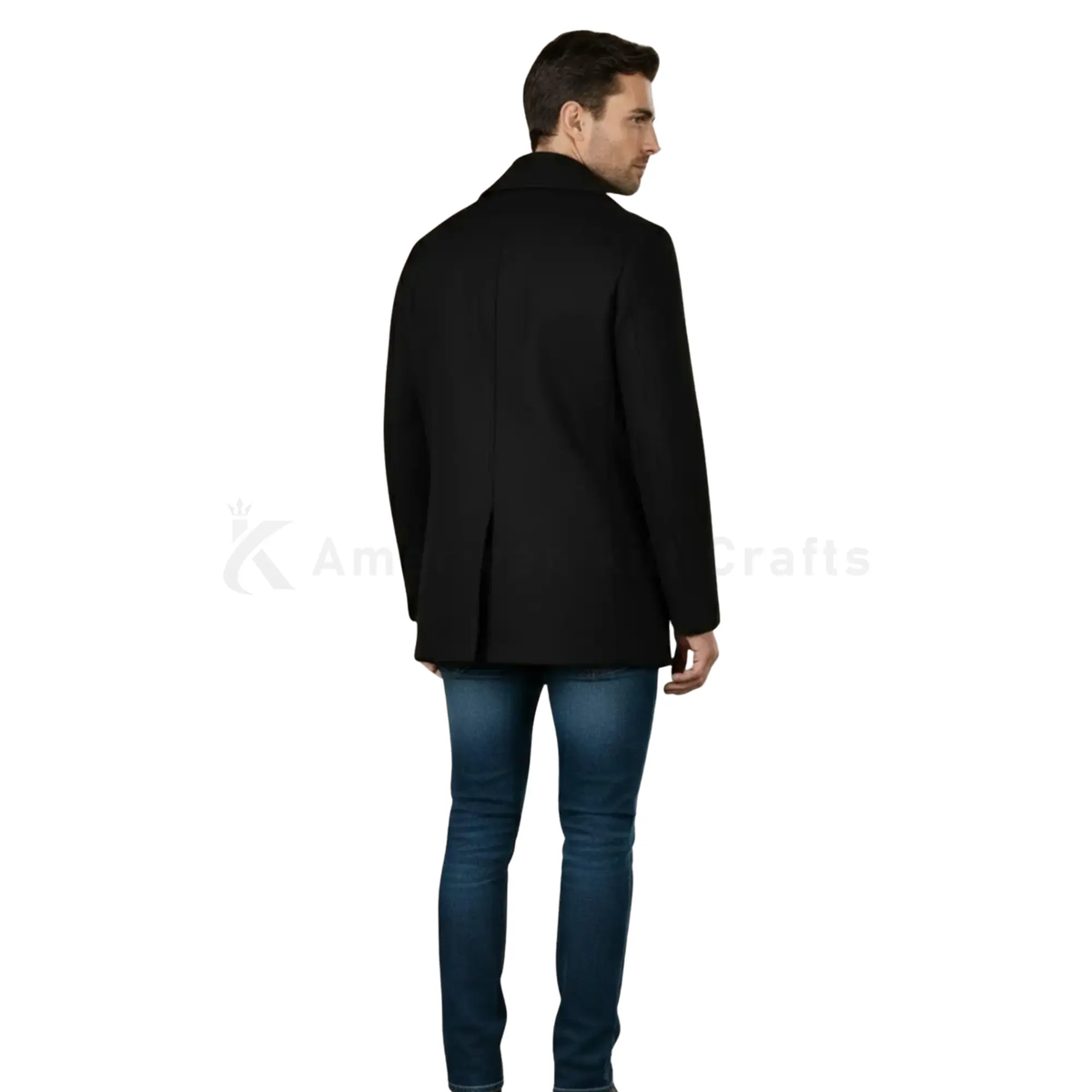 Back view of men’s black wool pea coat showing the structured military silhouette, clean tailoring, and heavy winter construction.