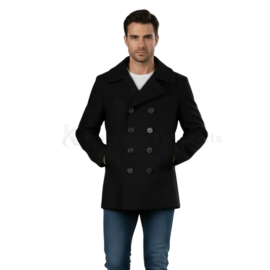 Front view of men’s black wool pea coat with heavy double-breasted military styling, wide lapels, and winter overcoat fit.