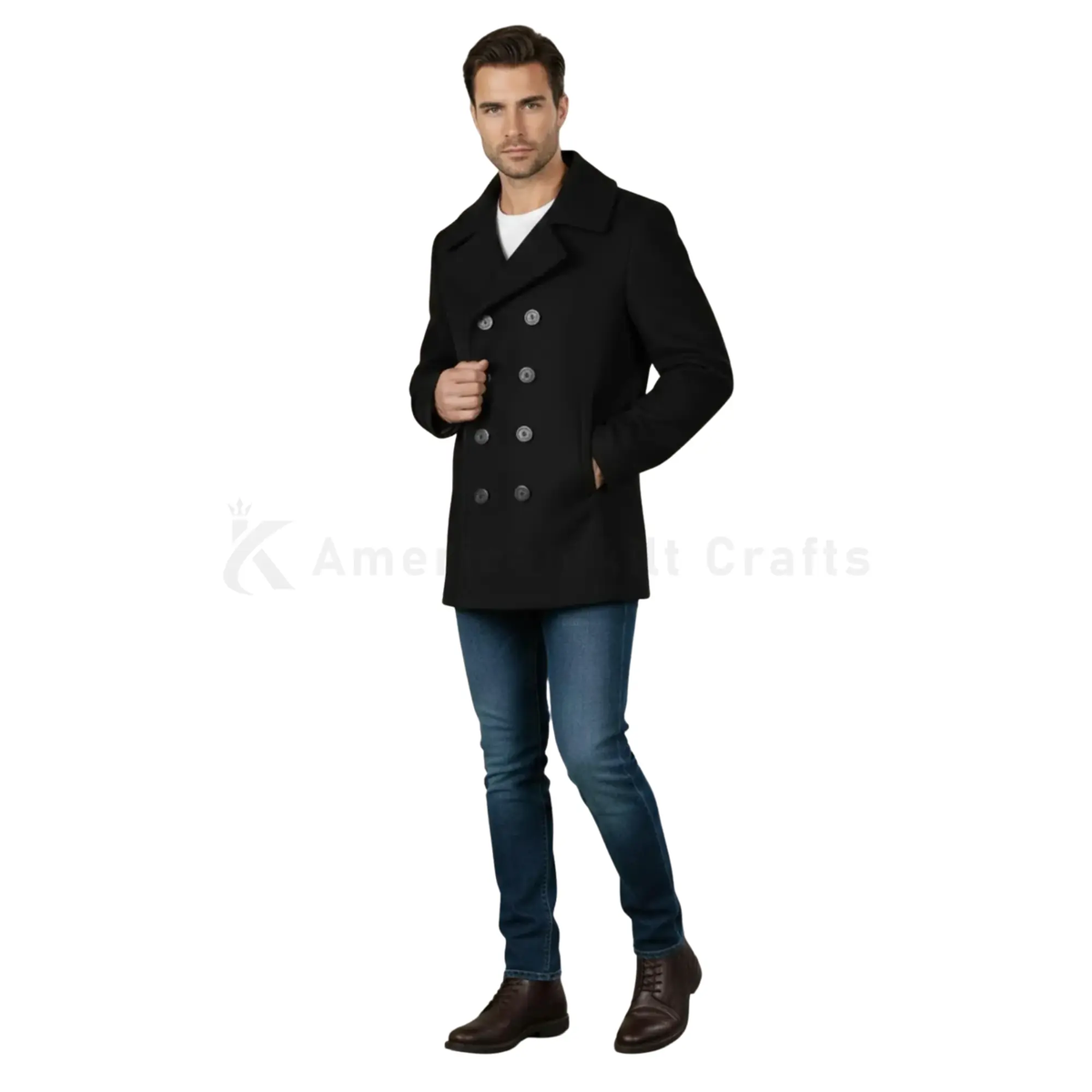 Side view of men’s black wool double-breasted pea coat highlighting the tailored profile, wool texture, and military-inspired winter design.