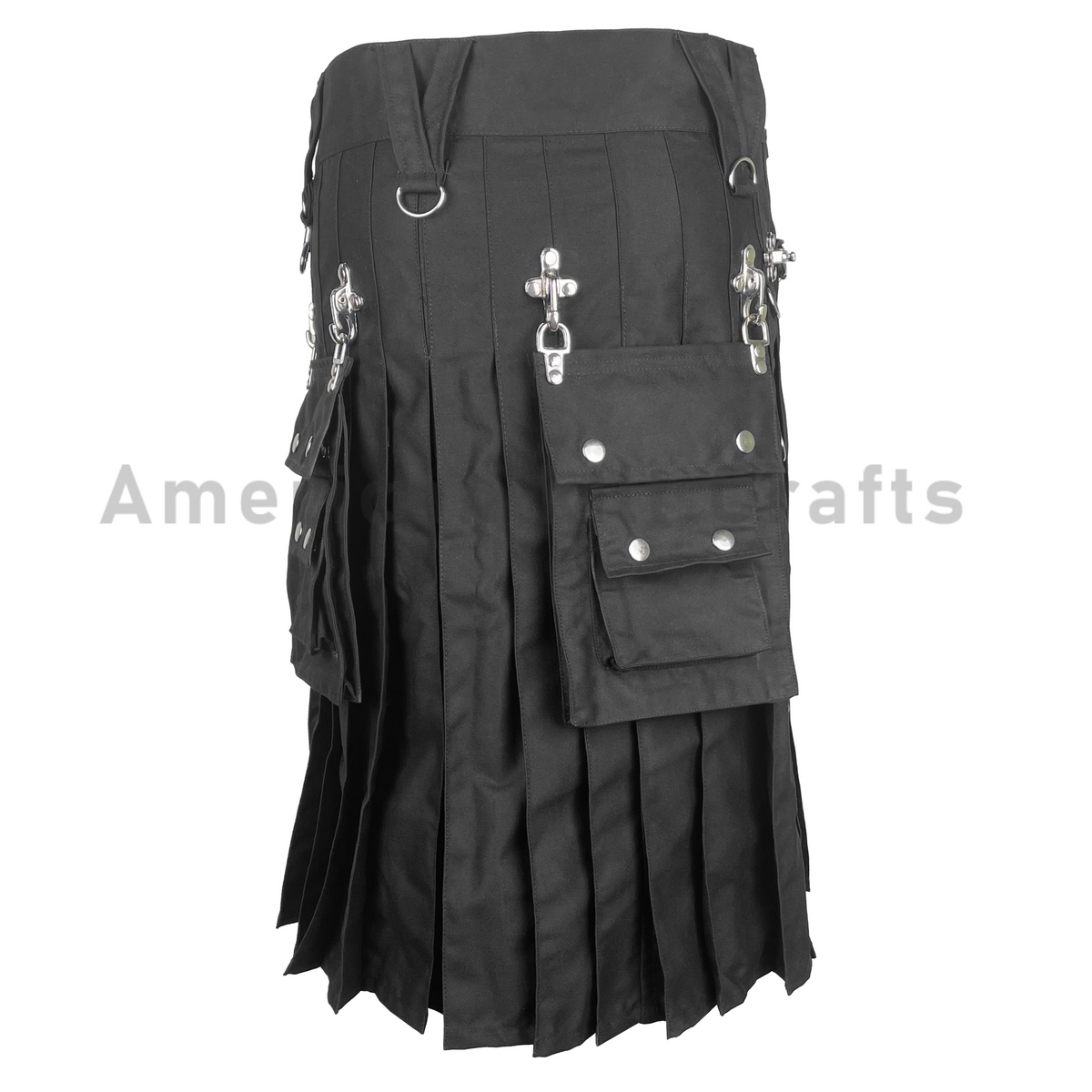 Back view of men's black denim utility kilt showcasing the traditional pleated design, durable fabric construction, and modern casual Highland styling.