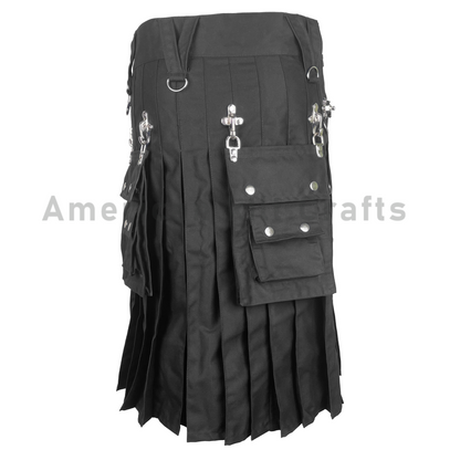Back view of men's black denim utility kilt showcasing the traditional pleated design, durable fabric construction, and modern casual Highland styling.