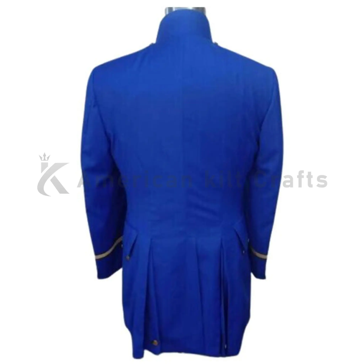 Back view of men’s blue infantry officer wool coat showing the tailored military silhouette and long uniform-inspired design.
