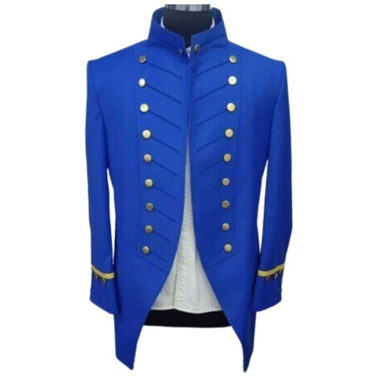 Men’s blue Army infantry officer wool coat front view featuring silver buttons, structured military tailoring, and gold cuff lace.