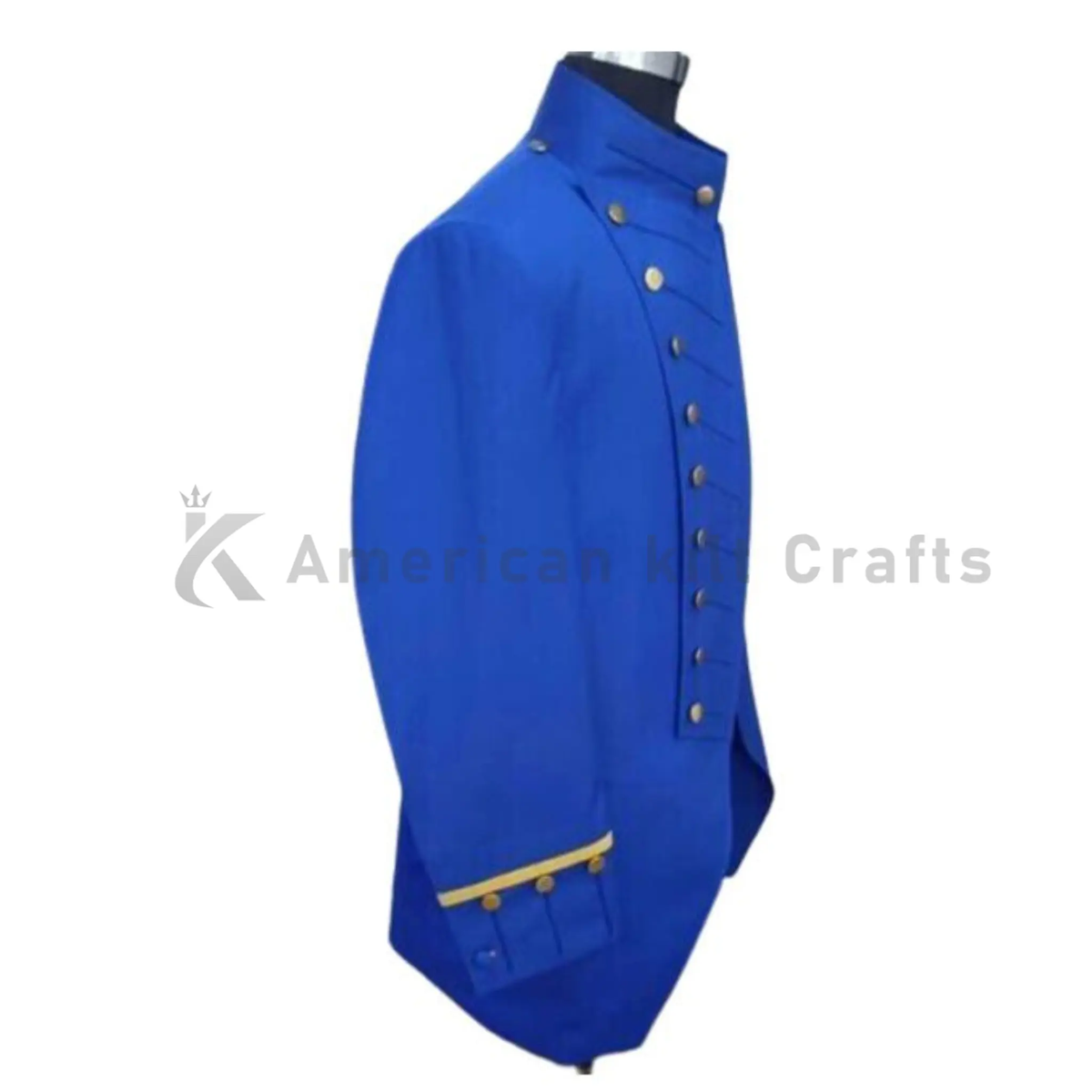 Side view of men’s blue Army officer wool coat showing the structured fit, long silhouette, and military uniform styling.