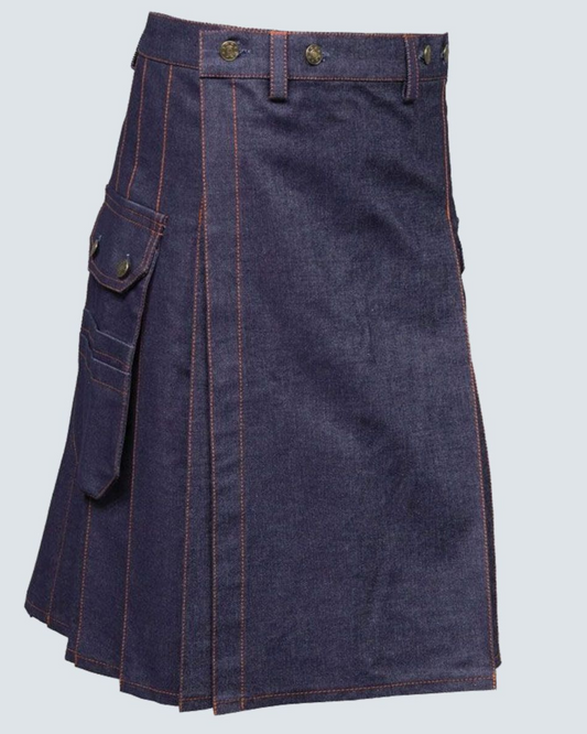 Men's blue denim kilt front view featuring contrasting red thread stitching, durable denim fabric, and a bold modern Scottish kilt design for casual wear.