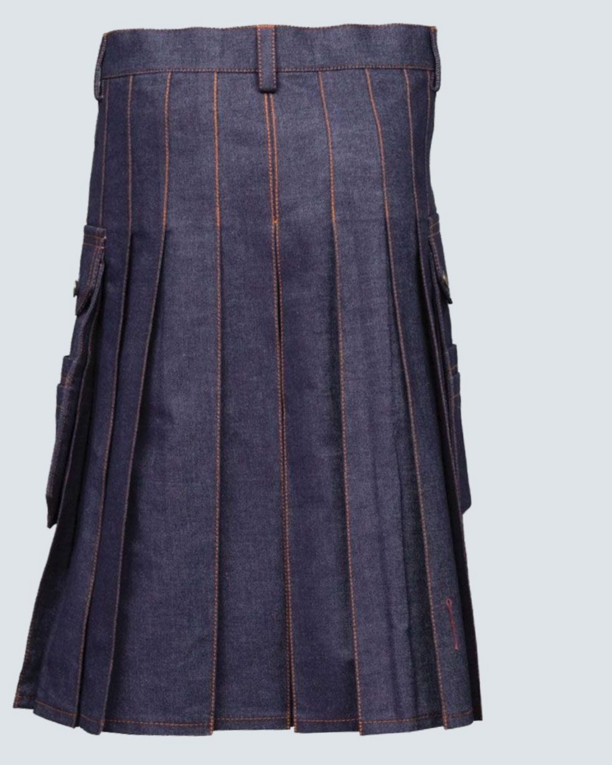Back view of men's blue denim kilt highlighting contrasting red stitching, durable denim construction, and contemporary Scottish-inspired kilt styling.