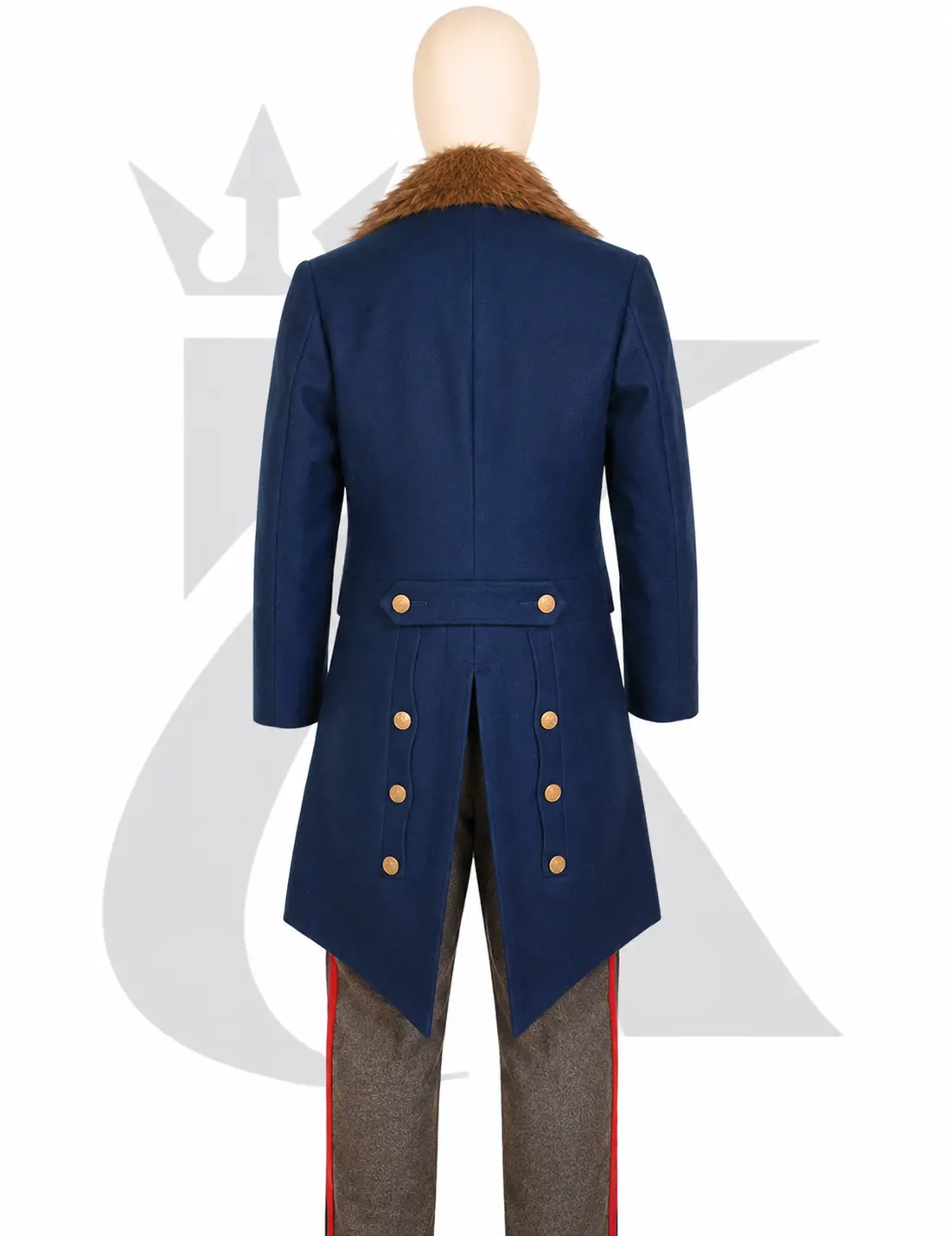Back view of men’s blue historical tailcoat featuring a brown fur collar, long split tails, brass button detailing, and classic period military styling.