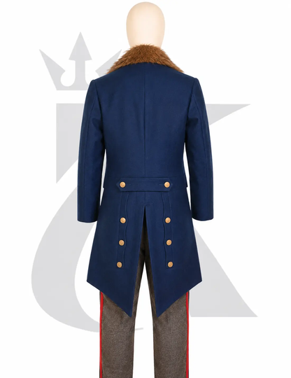 Back view of men’s blue historical tailcoat featuring a brown fur collar, long split tails, brass button detailing, and classic period military styling.