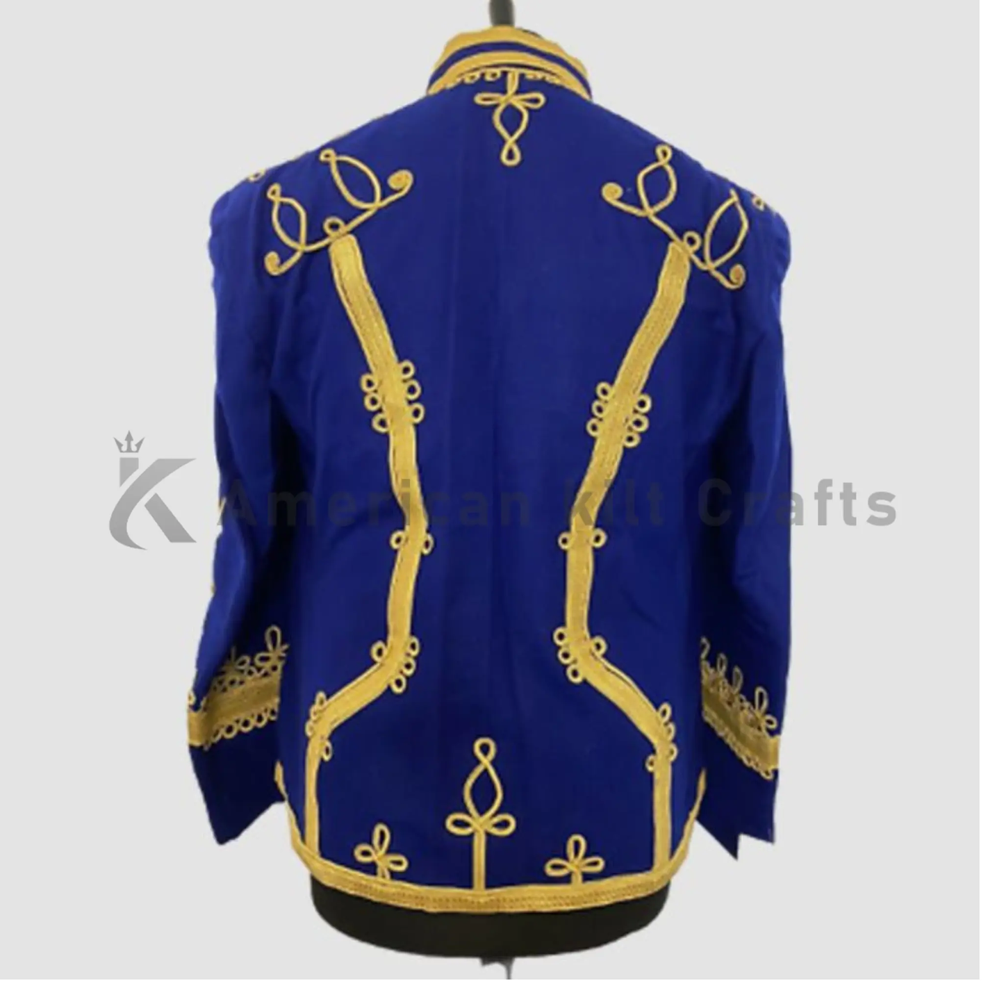 Back view of men’s blue Napoleonic Hussar military jacket showing structured wool tailoring and traditional military uniform styling.