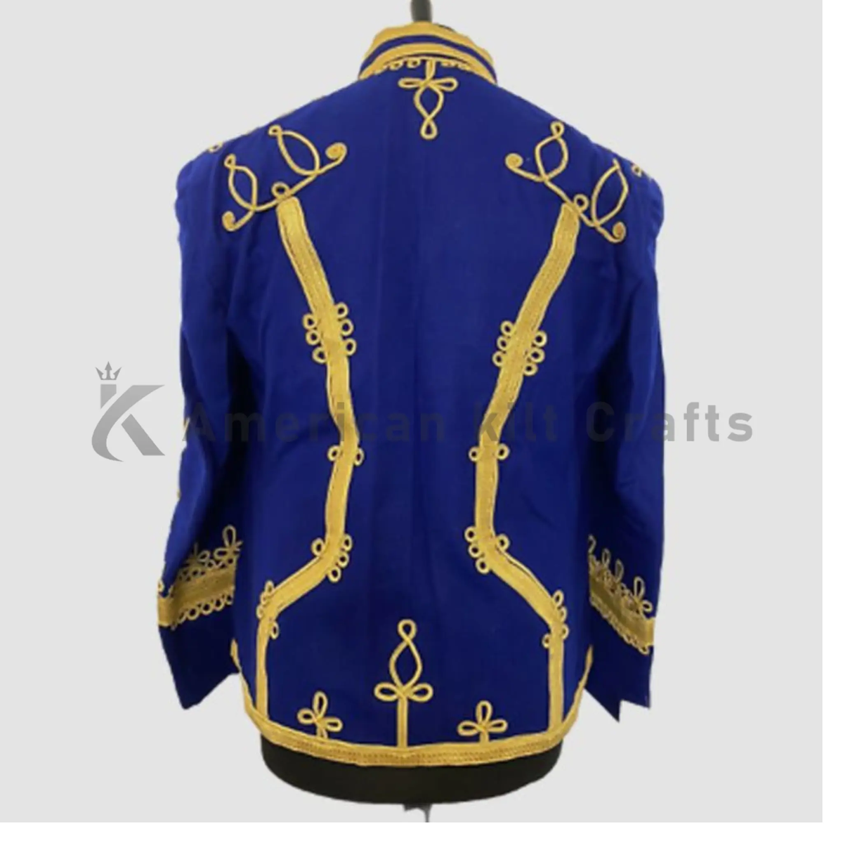 Back view of men’s blue Napoleonic Hussar military jacket showing structured wool tailoring and traditional military uniform styling.