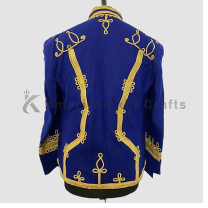 Back view of men’s blue Napoleonic Hussar military jacket showing structured wool tailoring and traditional military uniform styling.