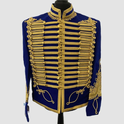 Men’s blue Napoleonic Hussar military jacket front view with heavy wool fabric, ornate gold braiding and decorative brass buttons.