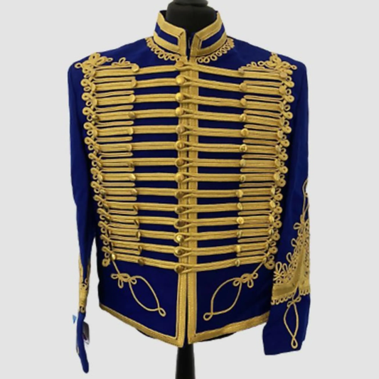 Men’s blue Napoleonic Hussar military jacket front view with heavy wool fabric, ornate gold braiding and decorative brass buttons.
