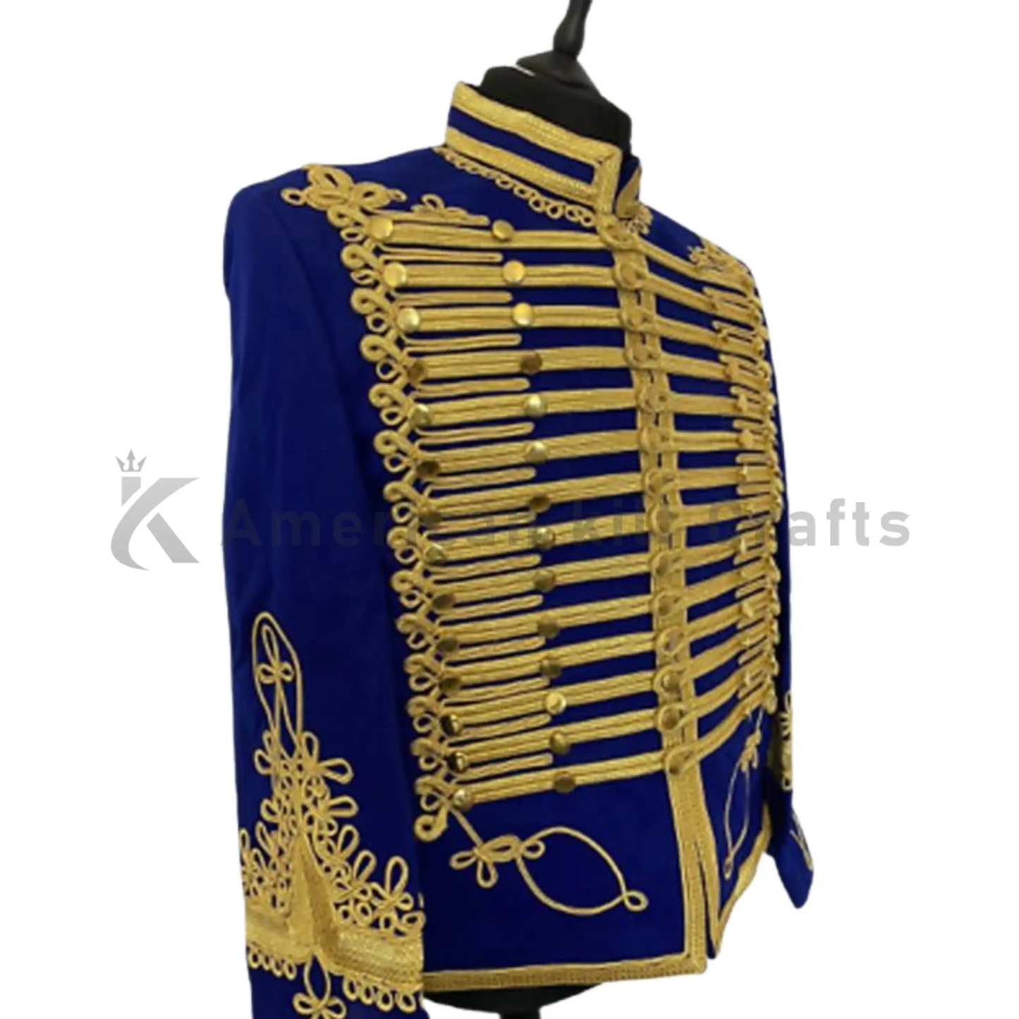 Side angle view of men’s blue Hussar military jacket featuring gold braided detailing, brass buttons and structured Napoleonic styling.