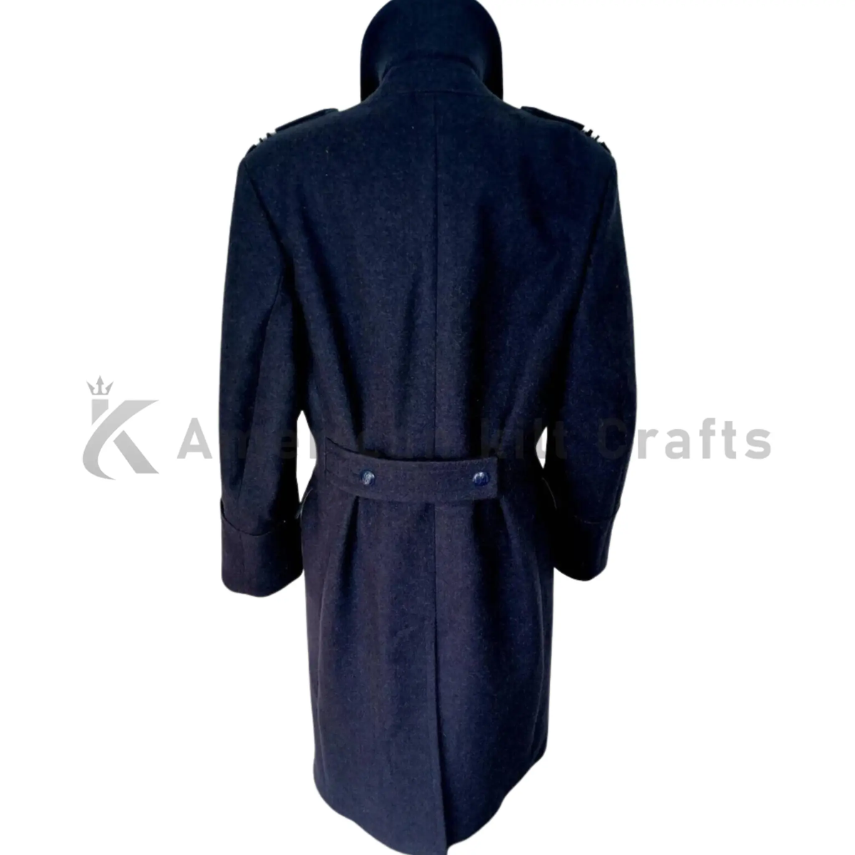 Back view of men’s blue wool long coat showing the clean tailored silhouette and classic military-inspired winter overcoat styling.