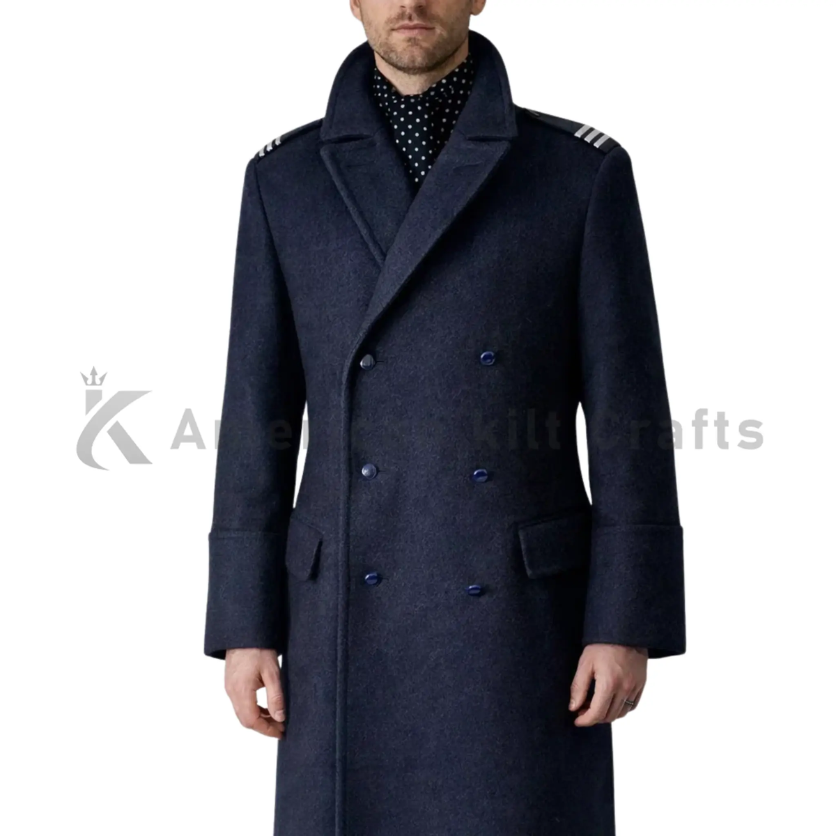 Close-up of men’s blue wool long coat showing the wool fabric texture, double-breasted buttons, lapel, stitching, and military-inspired tailoring.
