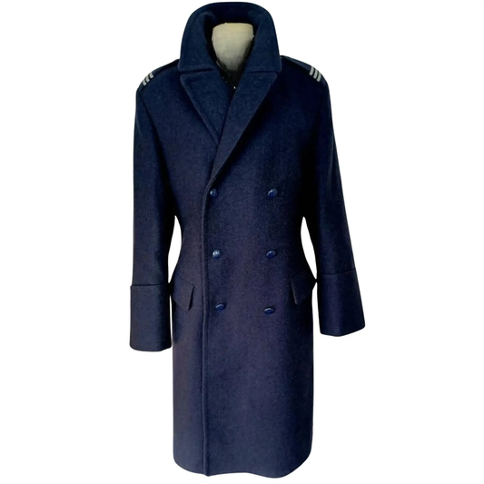 Men’s blue wool long coat front view featuring a classic double-breasted closure and vintage military-inspired overcoat design.