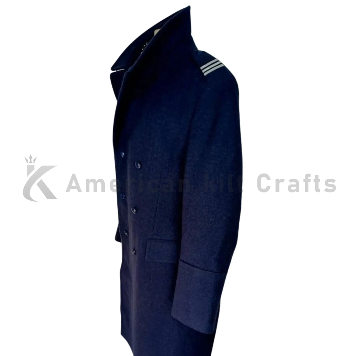 Side view of men’s blue wool long coat showing the structured fit, long silhouette, and classic double-breasted military overcoat style.