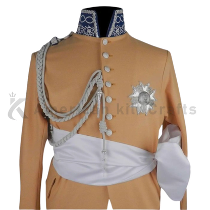 Close-up of a men's Bonaparte King of Westphalia military coat highlighting the silver embroidery, buttons, fabric texture, stitching and detailed military-inspired craftsmanship.