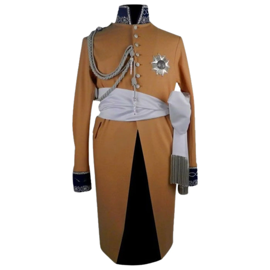 Front view of a men's Bonaparte King of Westphalia military coat featuring silver embroidery, formal military styling, structured tailoring and a regal historical uniform design.