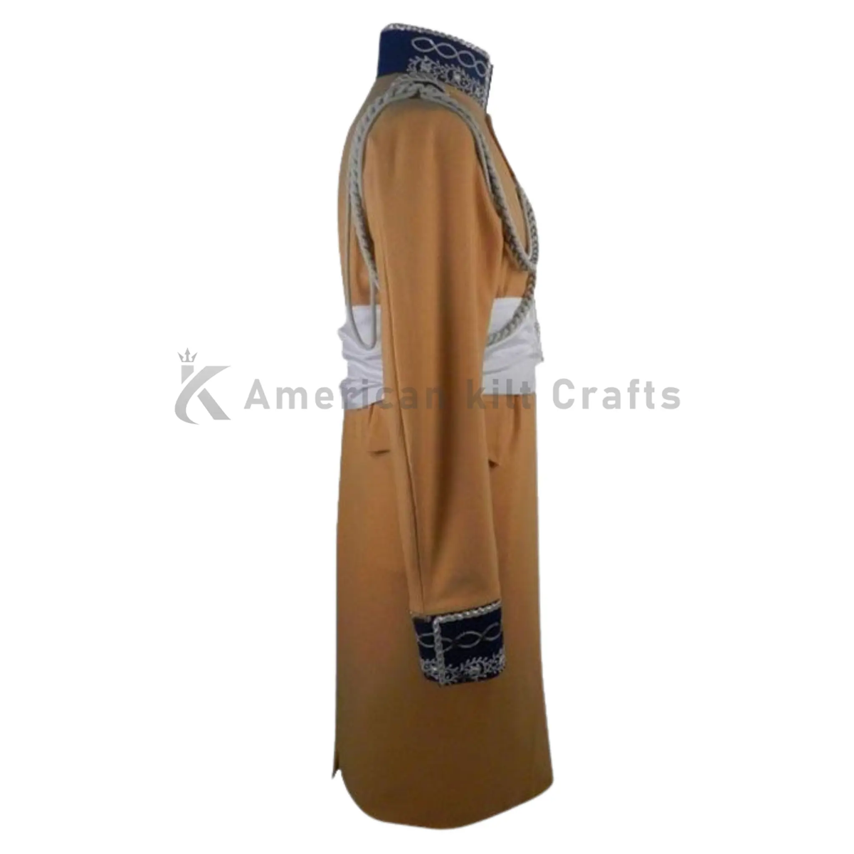 Side view of a men's Bonaparte King of Westphalia military coat showing the tailored silhouette, silver embroidered detailing and elegant historical military uniform styling.