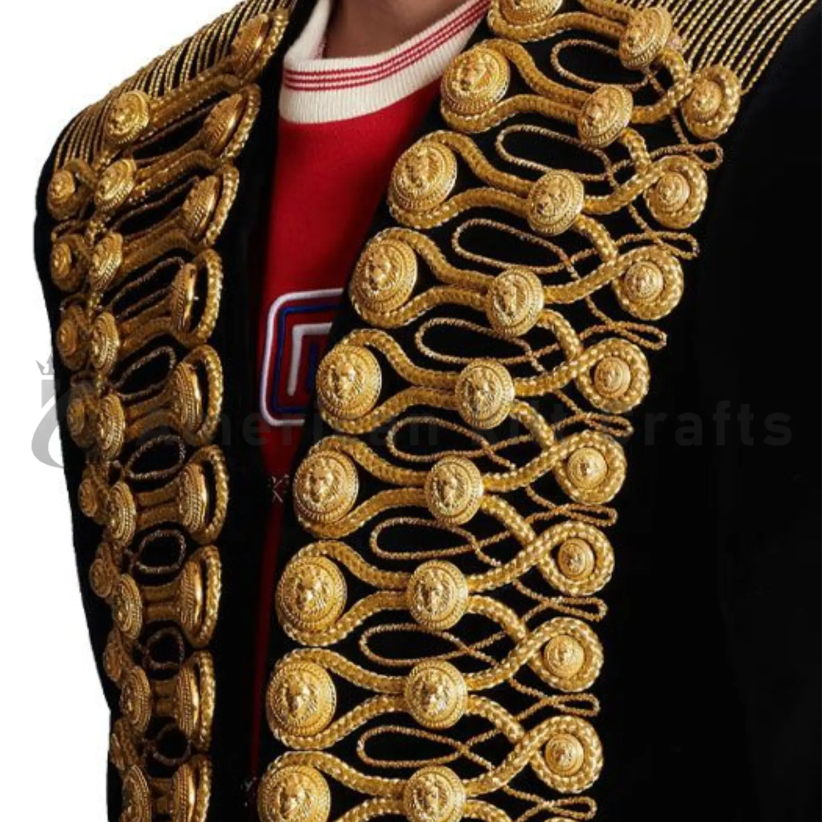 Close-up of men’s Brandenburg military jacket highlighting ornate gold embroidery, decorative braid, buttons, and detailed craftsmanship.
