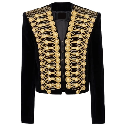 Men’s Brandenburg military jacket front view featuring ornate gold embroidery, decorative braiding, and structured officer-inspired tailoring.