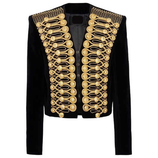 Men’s Brandenburg military jacket front view featuring ornate gold embroidery, decorative braiding, and structured officer-inspired tailoring.