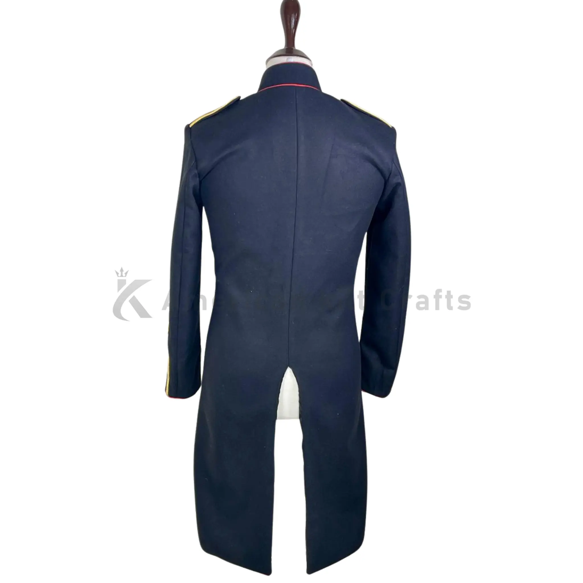 Back view of men’s black and Gold British Hussar tailcoat showing structured military tailoring, long tails, and historical costume details.