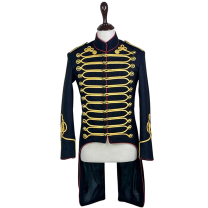 “Men’s British Hussar Military Jacket – Black &  Gold Braided Tailcoat for Men, Historical Victorian Military Uniform for Re-enactments, Cosplay, and Theatrical Performances”