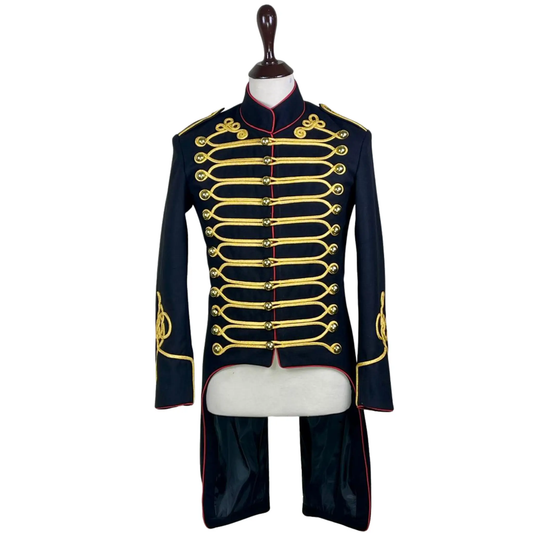 “Men’s British Hussar Military Jacket – Black &  Gold Braided Tailcoat for Men, Historical Victorian Military Uniform for Re-enactments, Cosplay, and Theatrical Performances”
