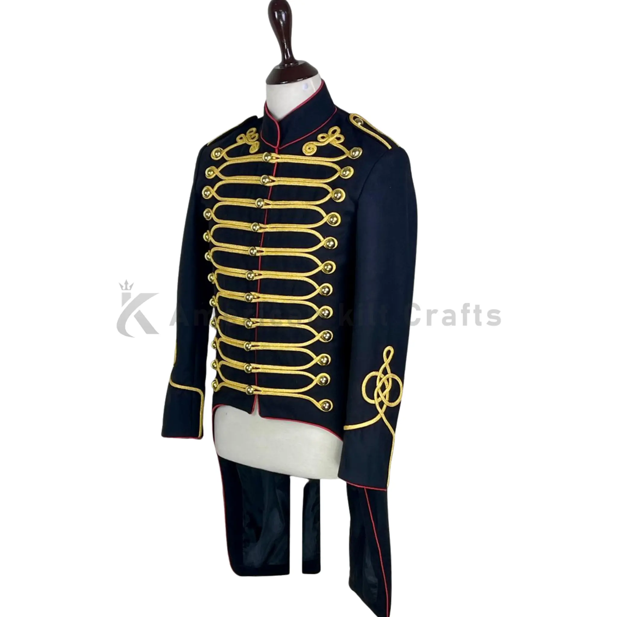 Side view of men’s British Hussar military jacket highlighting the fitted silhouette, red accents, gold braid trim, and traditional tailcoat shape.