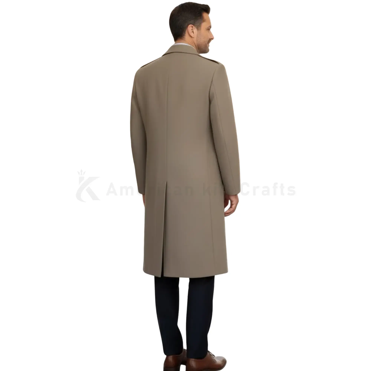 Back view of men’s British military heavy wool overcoat in chocolate brown with classic long greatcoat design.