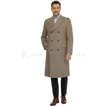 Front view of men’s British military heavy wool greatcoat in chocolate brown with classic structured overcoat styling.