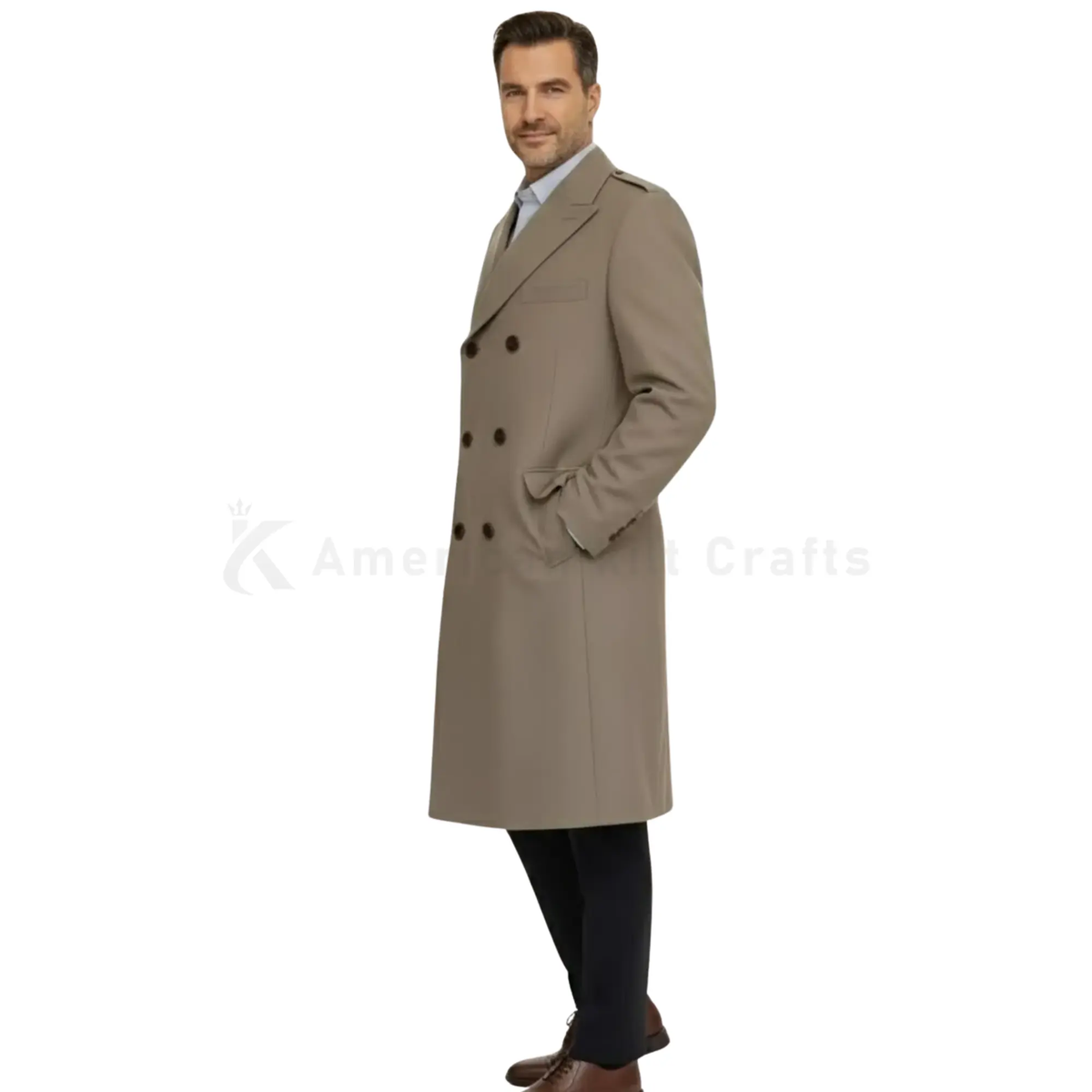 Side view of men’s chocolate brown British military wool greatcoat showing the long structured winter silhouette.