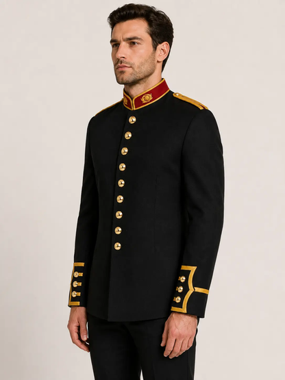 Side angle view of men's black wool British Royal Marines-inspired military parade jacket with gold trim and red stand collar.