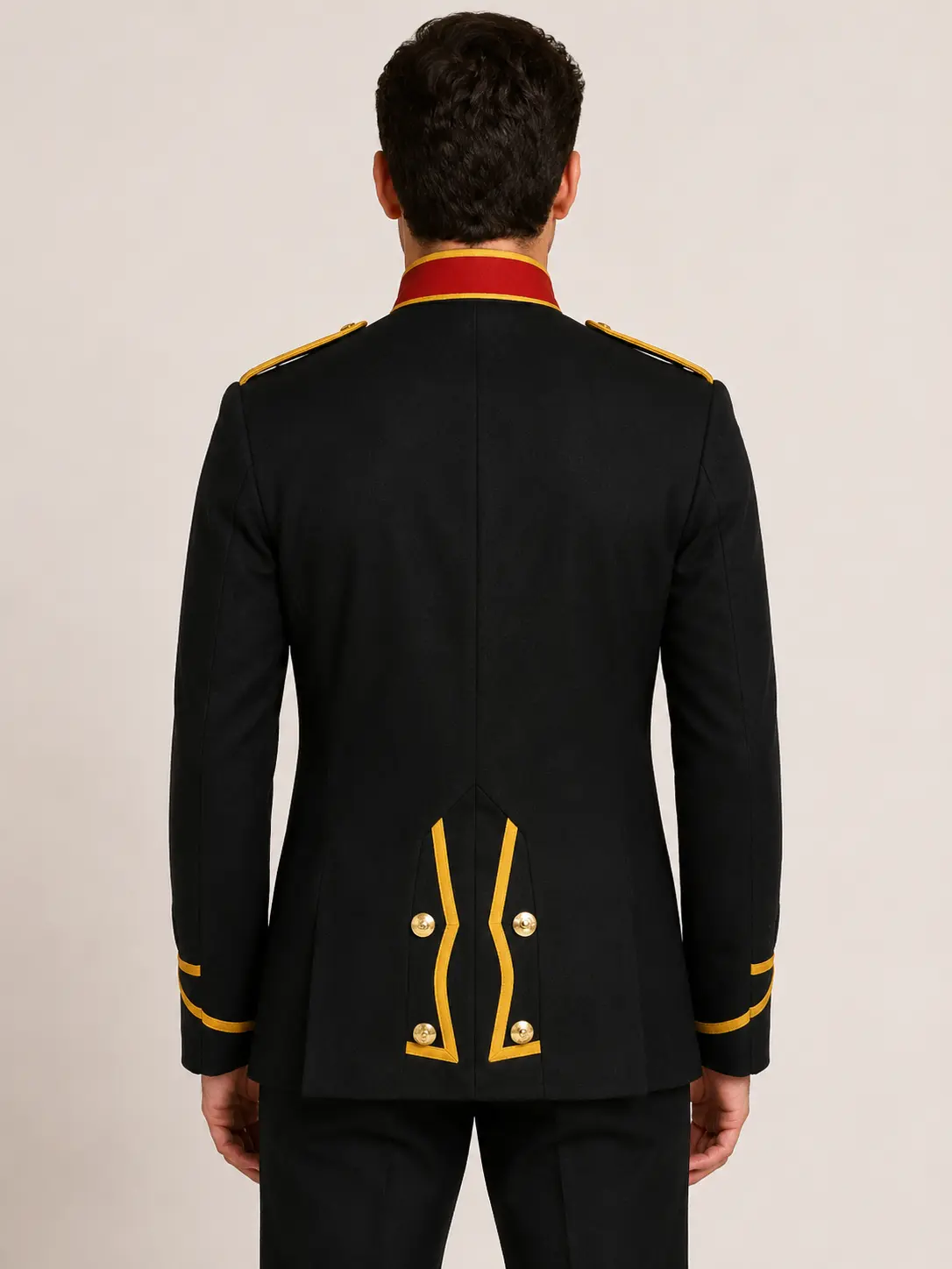 Back view of men's British Royal Marines black wool ceremonial uniform jacket with red collar and gold military detailing.