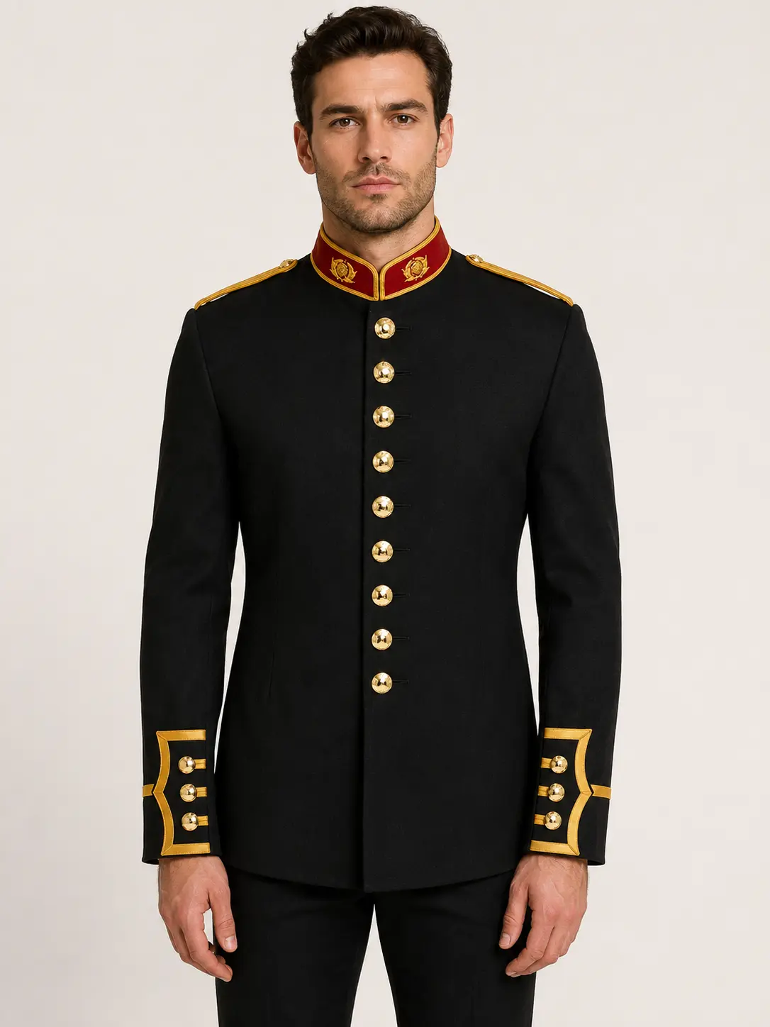 Men's British Royal Marines black wool military uniform jacket front view with red collar, gold trim and ceremonial buttons.
