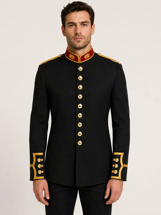 Men's British Royal Marines black wool military uniform jacket front view with red collar, gold trim and ceremonial buttons.