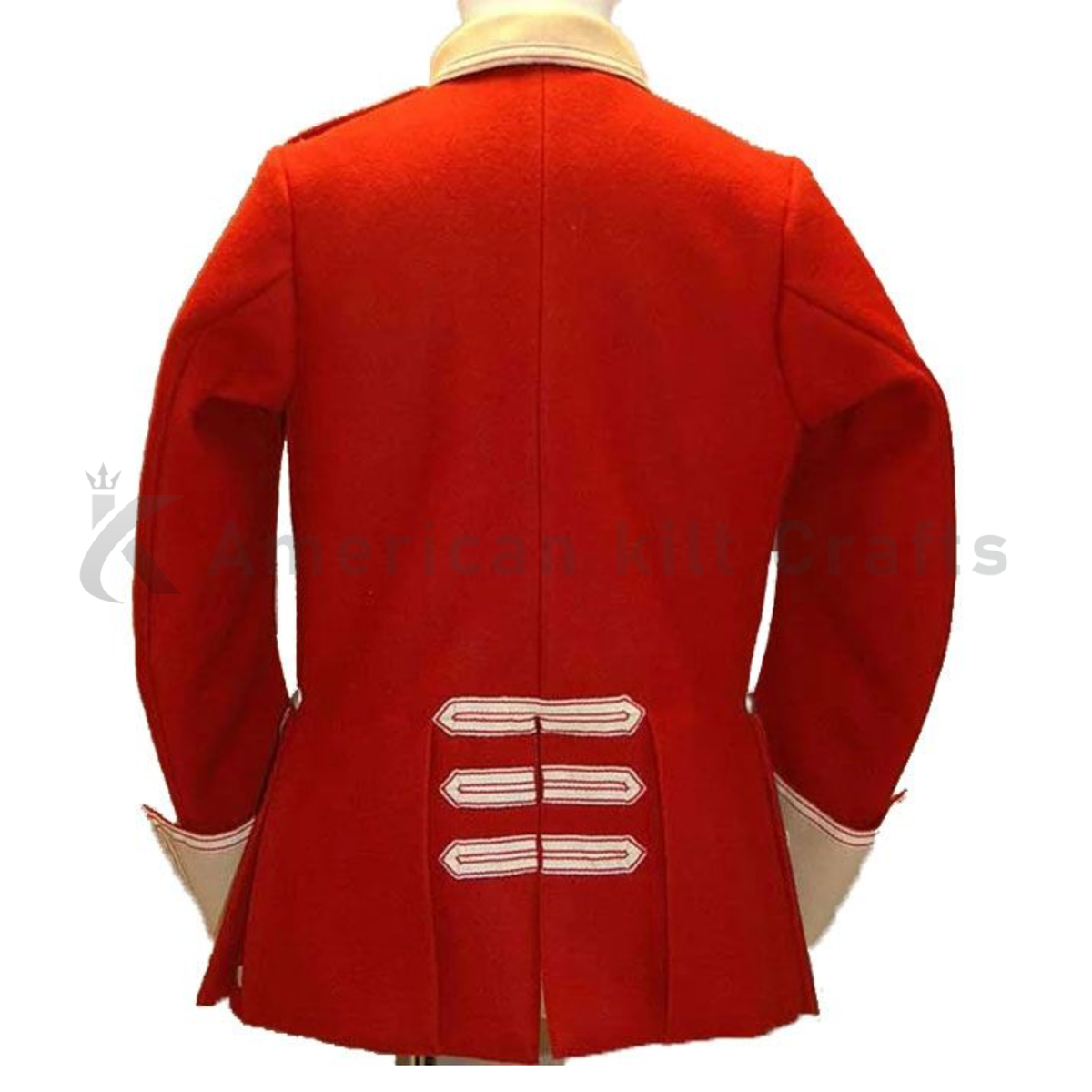 Back view of men’s British wool single-breasted parade tunic with a structured military fit.