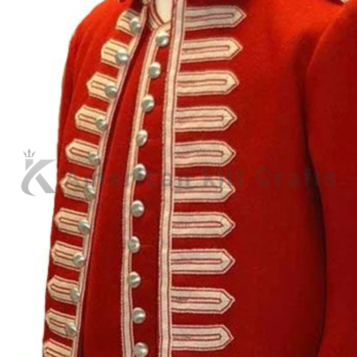 Close Up of men’s British wool military jacket showing its tailored single-breasted silhouette.