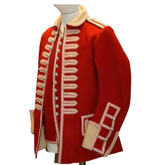 Front view of men’s British wool single-breasted military jacket with structured parade tunic styling.